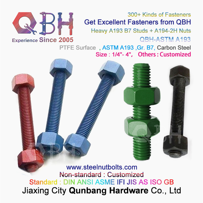 QBH PTFE 1070 Rode/Blauwe/Zwarte/Groene Met een laag bedekte 1/4“ - 4“ ASTM A193 B7 pasten Rod Stud Bolt met Zware de Hexuitdraainoot van A194-2H in 3